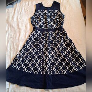 Lands' End Sleeveless Fit & Flare Dress Geometric Print Stretch Navy Size 6 EUC